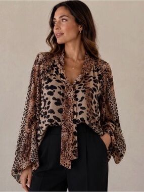 NWOT Phanuel Mixed Animal Print Tie-Neck Wrap Blouse - Size Large